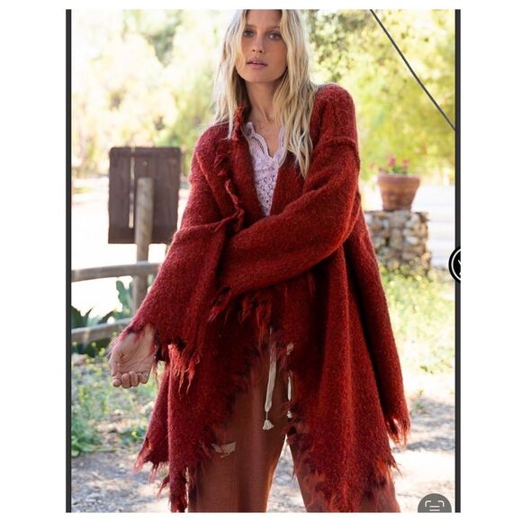 WOOL Blend Long cardigan with distressed Hemline in Terracotta - Picture 4 of 14